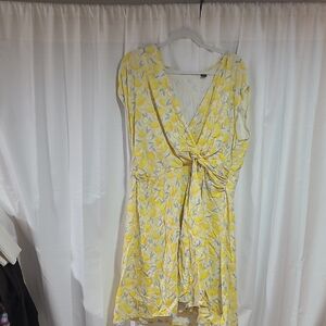 Lands End Lemon Yellow Floral Faux Wrap Dress